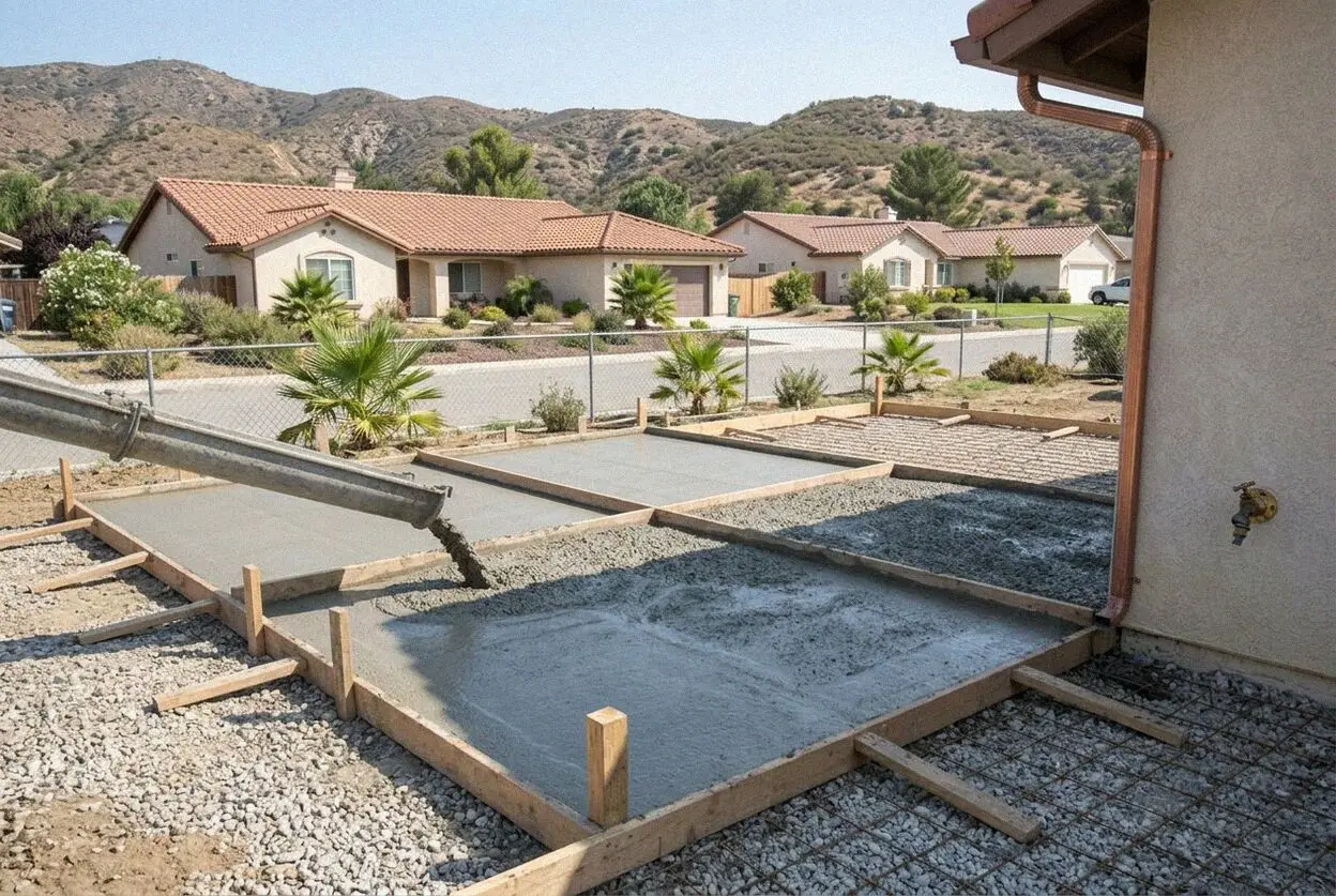 Pouring and finishing a concrete patio slab in Calimesa, CA