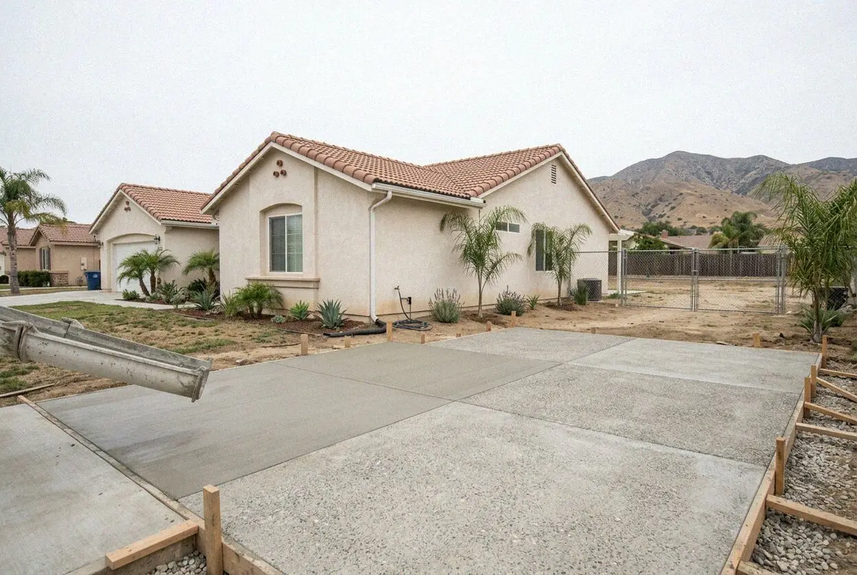 Pouring and finishing a concrete slab in Colton California