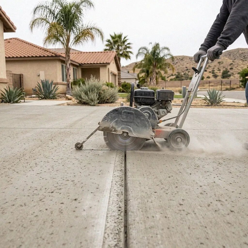 Operator cutting control joints on a concrete slab in Moreno Valley