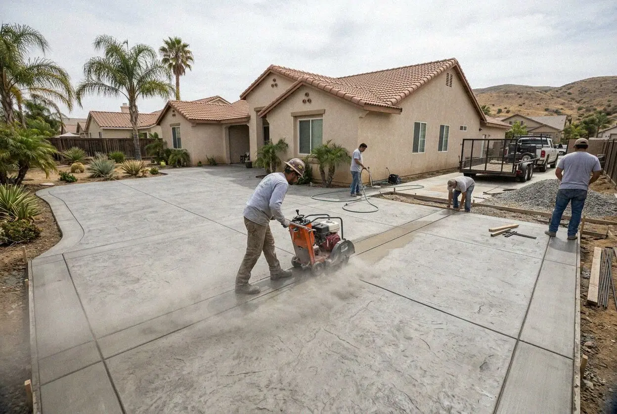 Wet diamond saw cutting an exterior slab at a Moreno Valley home