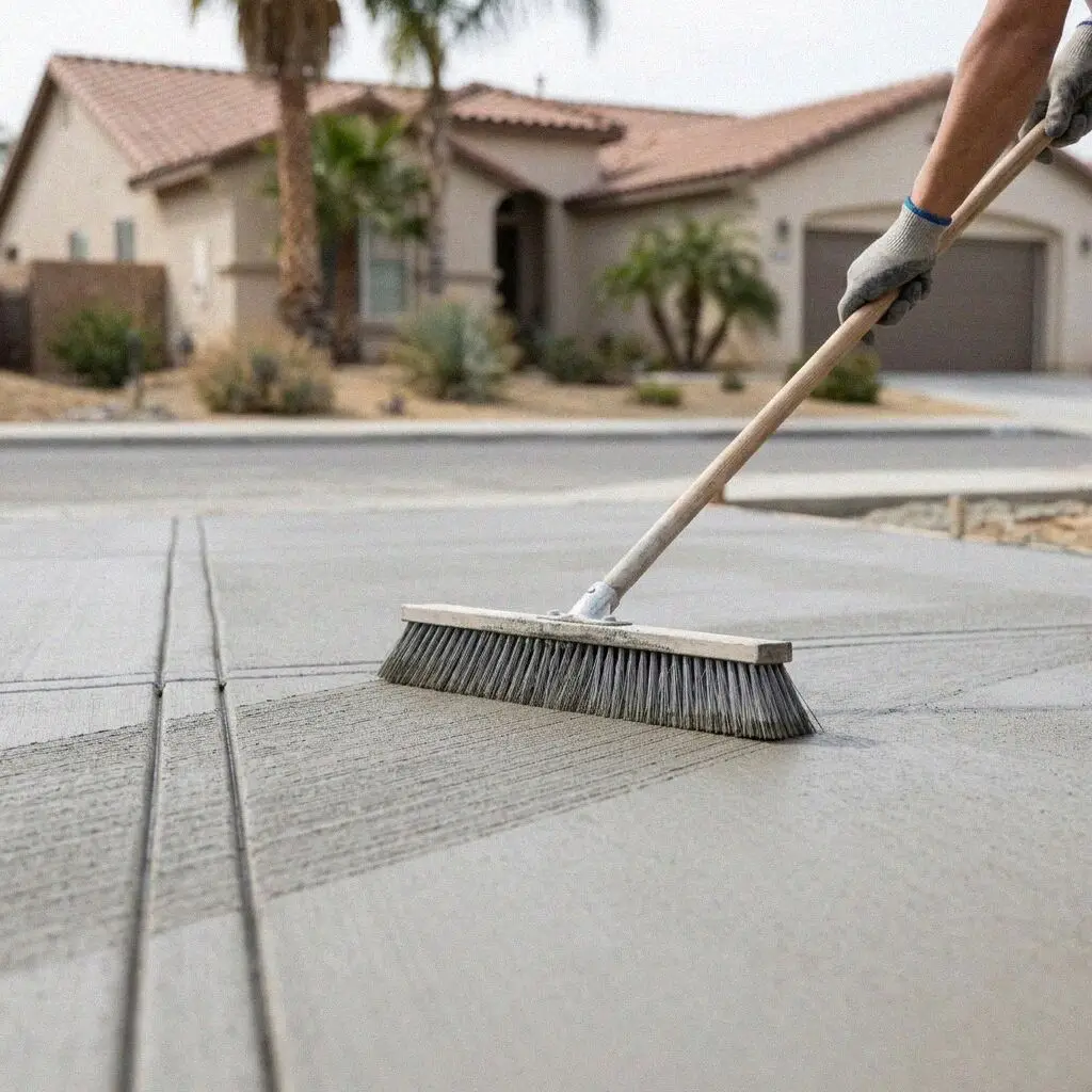 Crew screeding fresh driveway concrete at a Moreno Valley residence