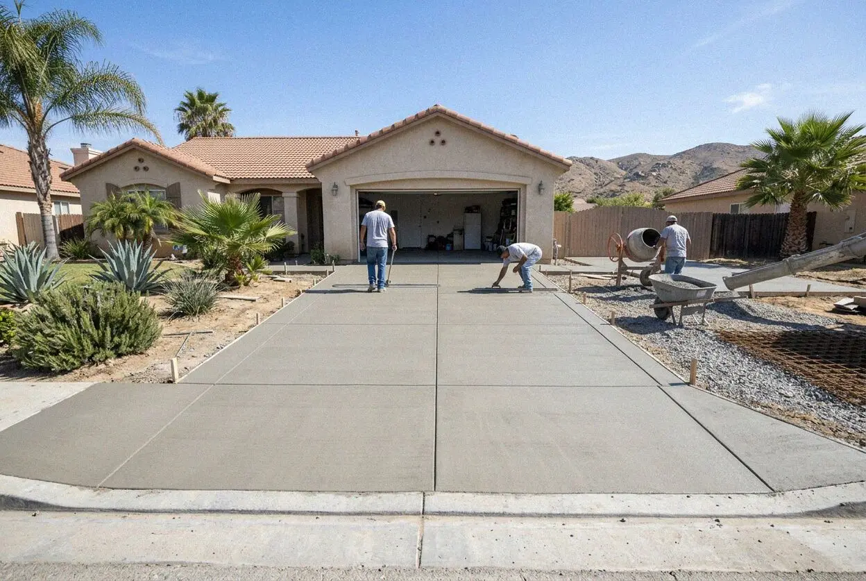 Finishing a concrete driveway pour at a home in Moreno Valley
