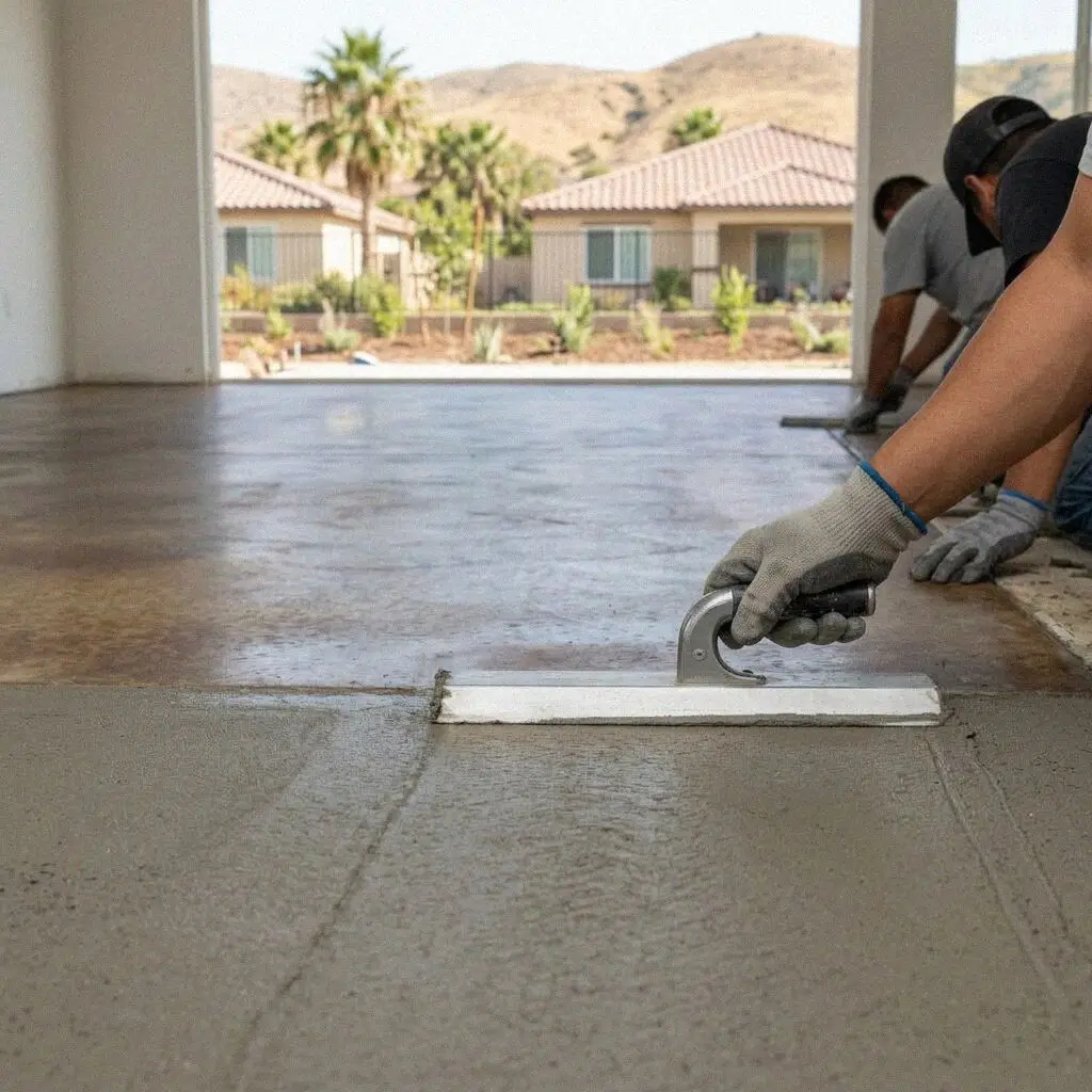 Completed interior concrete slab floor inside a Moreno Valley property