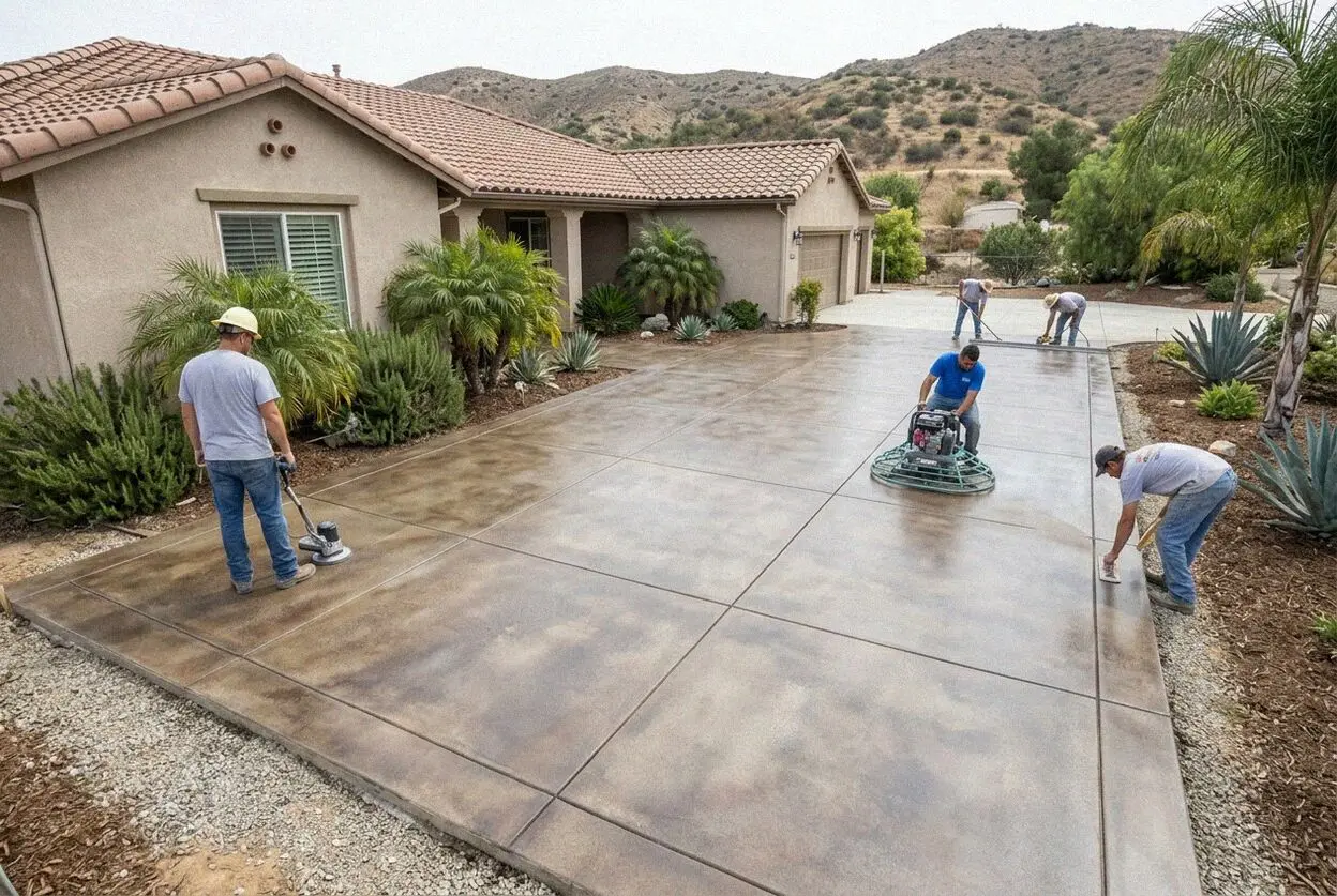 Troweling a smooth concrete floor inside a Moreno Valley house