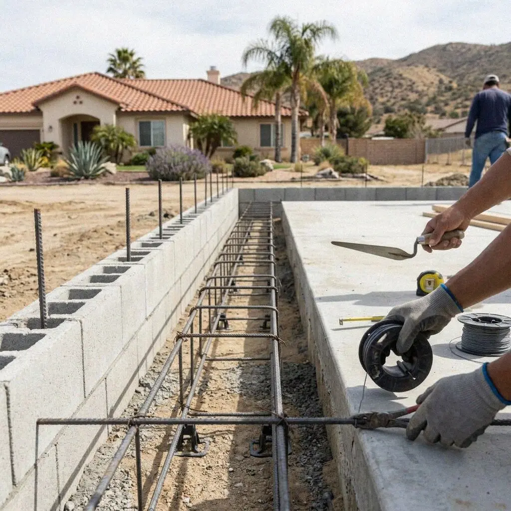 Reinforced concrete grade beam footing placed on a Moreno Valley lot