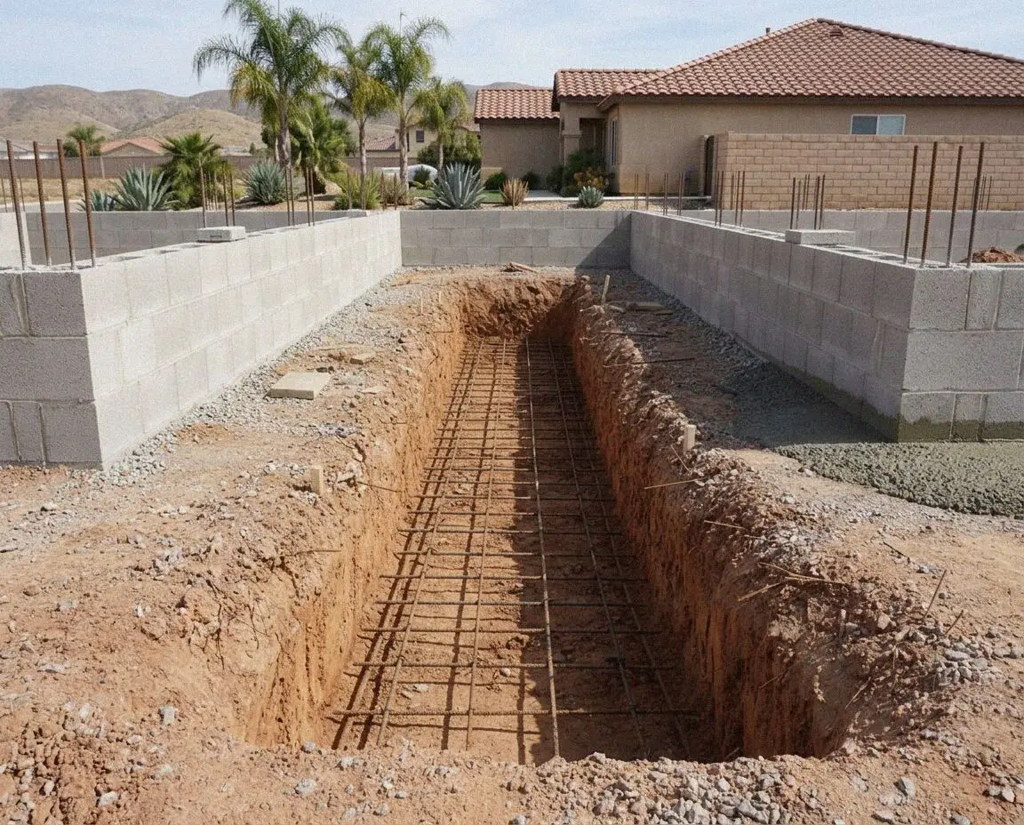 Trench footings with tied steel reinforcement at a Moreno Valley home