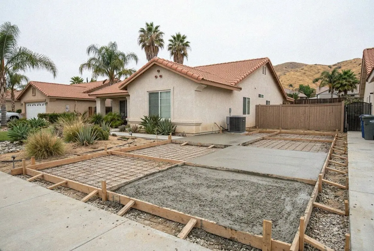 Finishing a fresh concrete patio slab for a home in Hemet