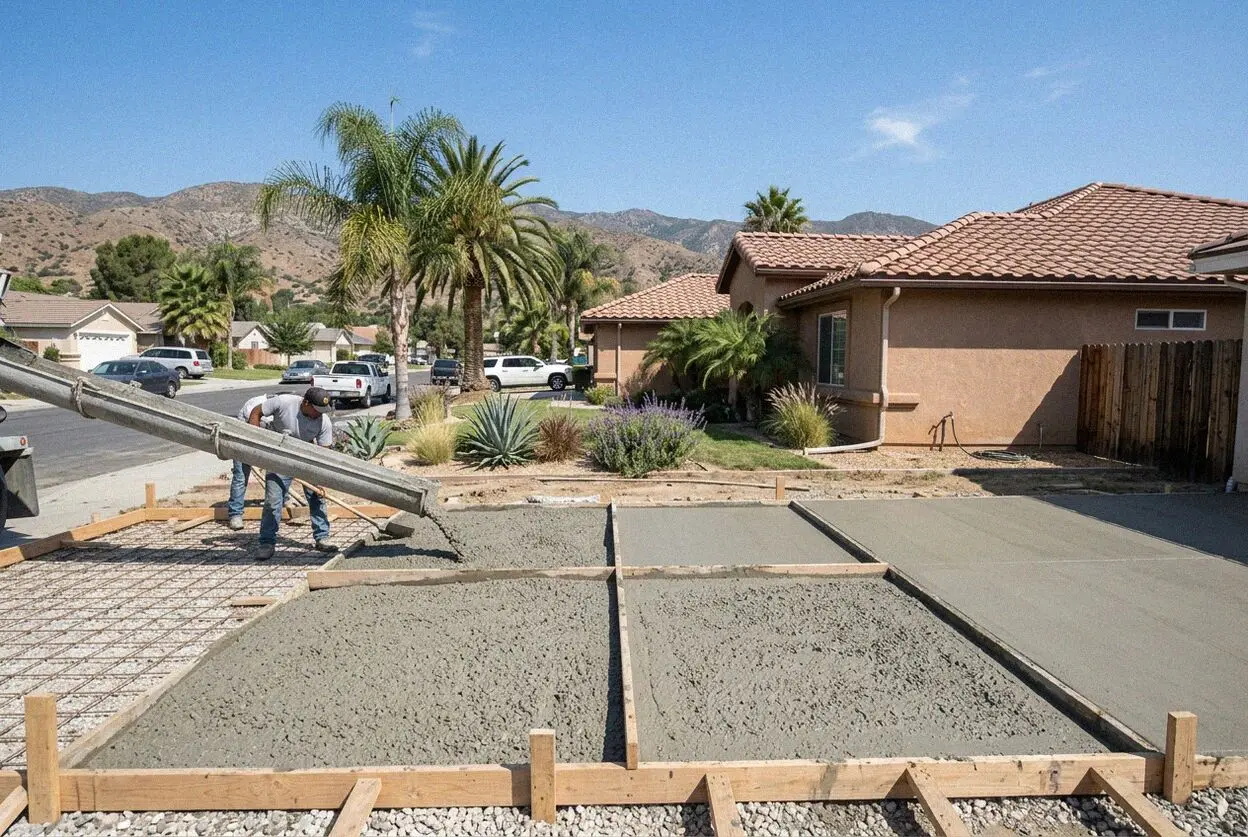 Pouring and screeding fresh concrete for a driveway in Highland, CA
