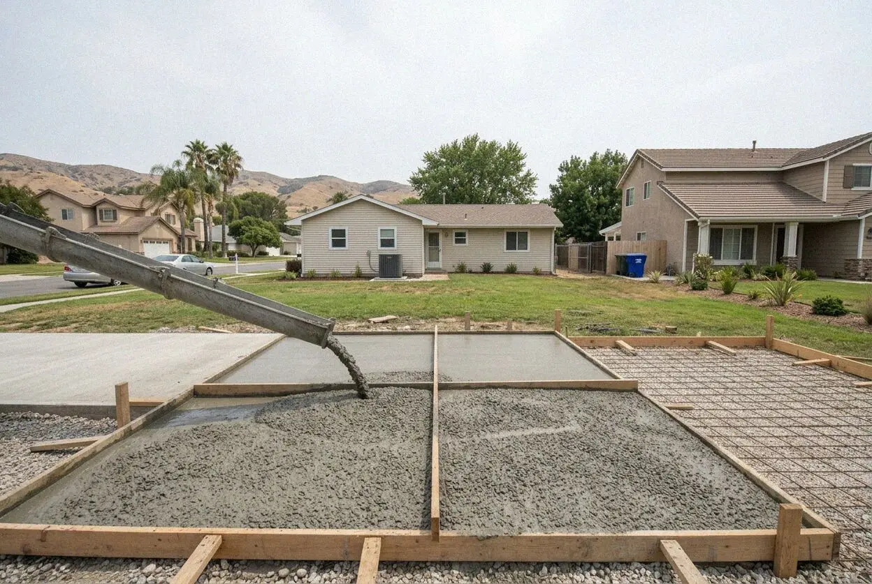 Concrete workers finishing a residential slab in Lake Elsinore