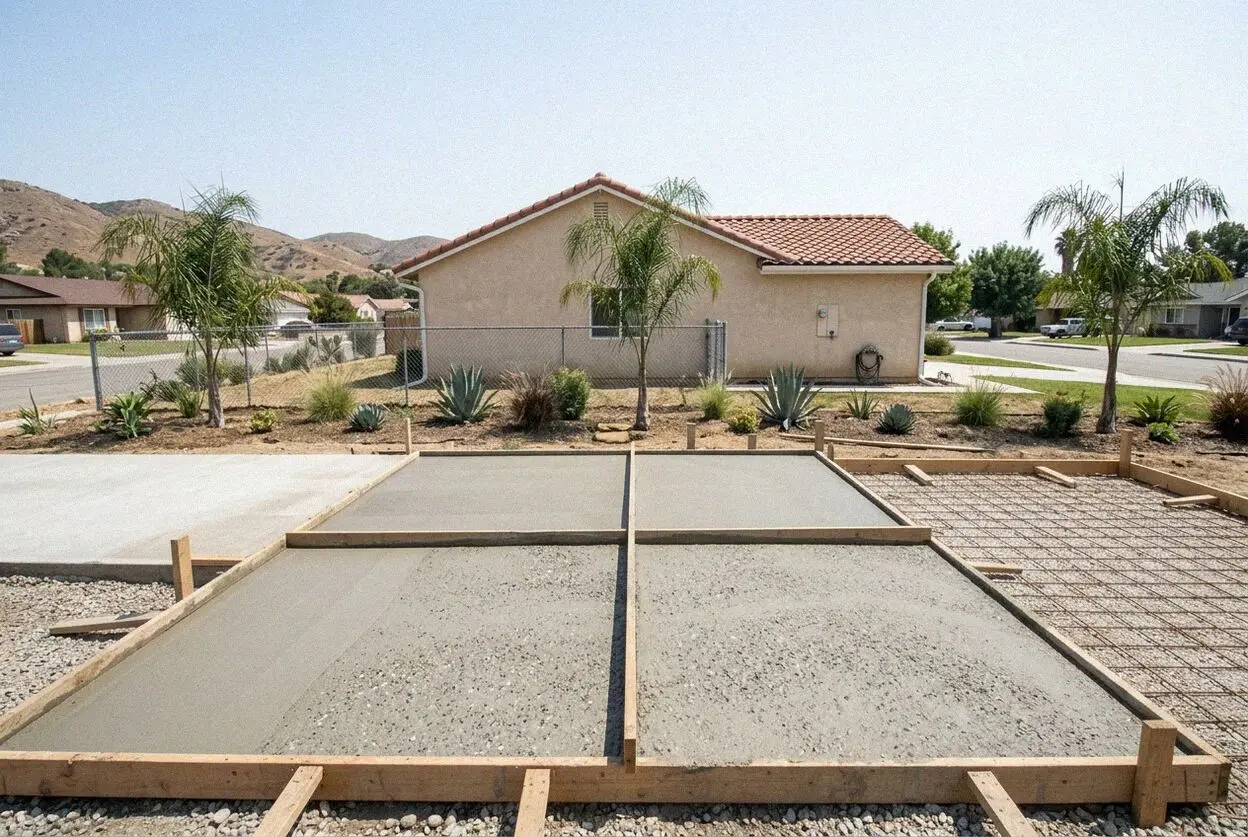 Pouring a reinforced concrete driveway slab in Lake Mathews