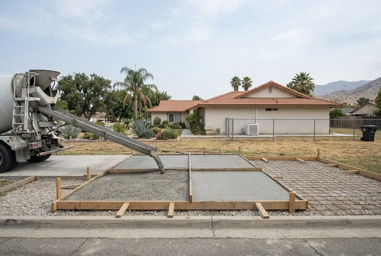Pouring and screeding a residential concrete slab in Loma Linda