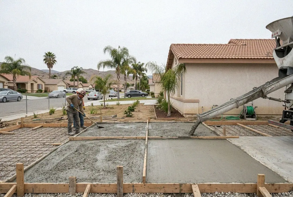 Pouring and finishing a concrete patio slab in Menifee, CA