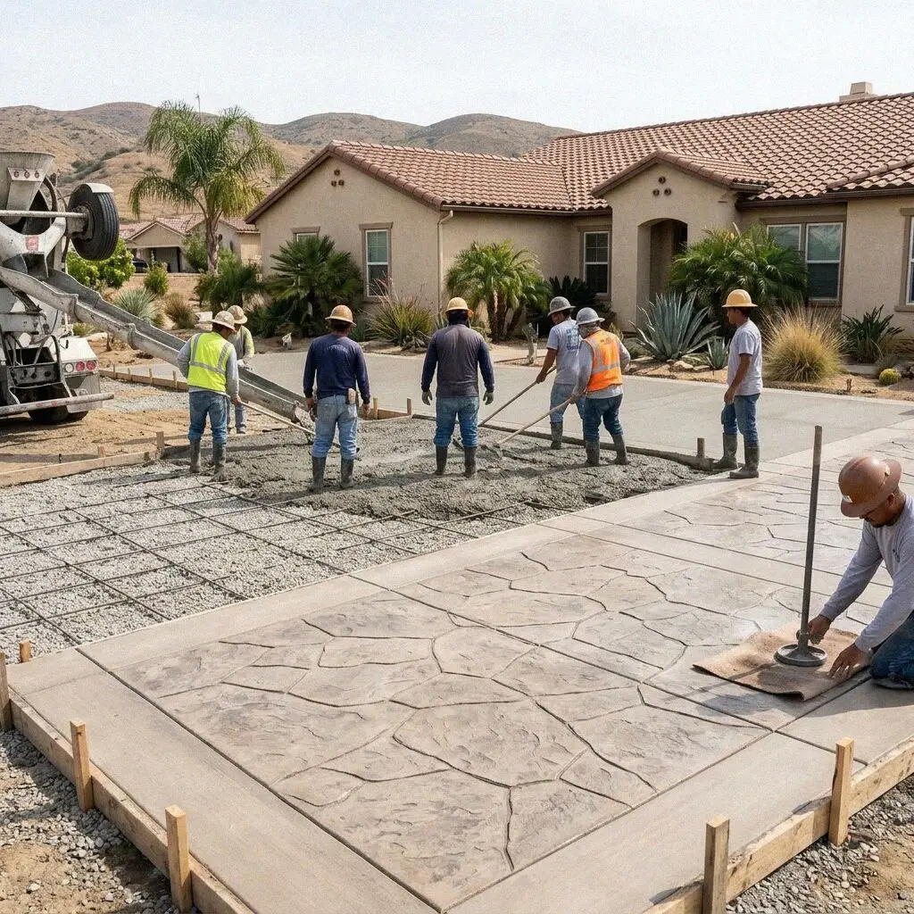 Moreno Valley Concrete Pro crew placing concrete at a Moreno Valley home