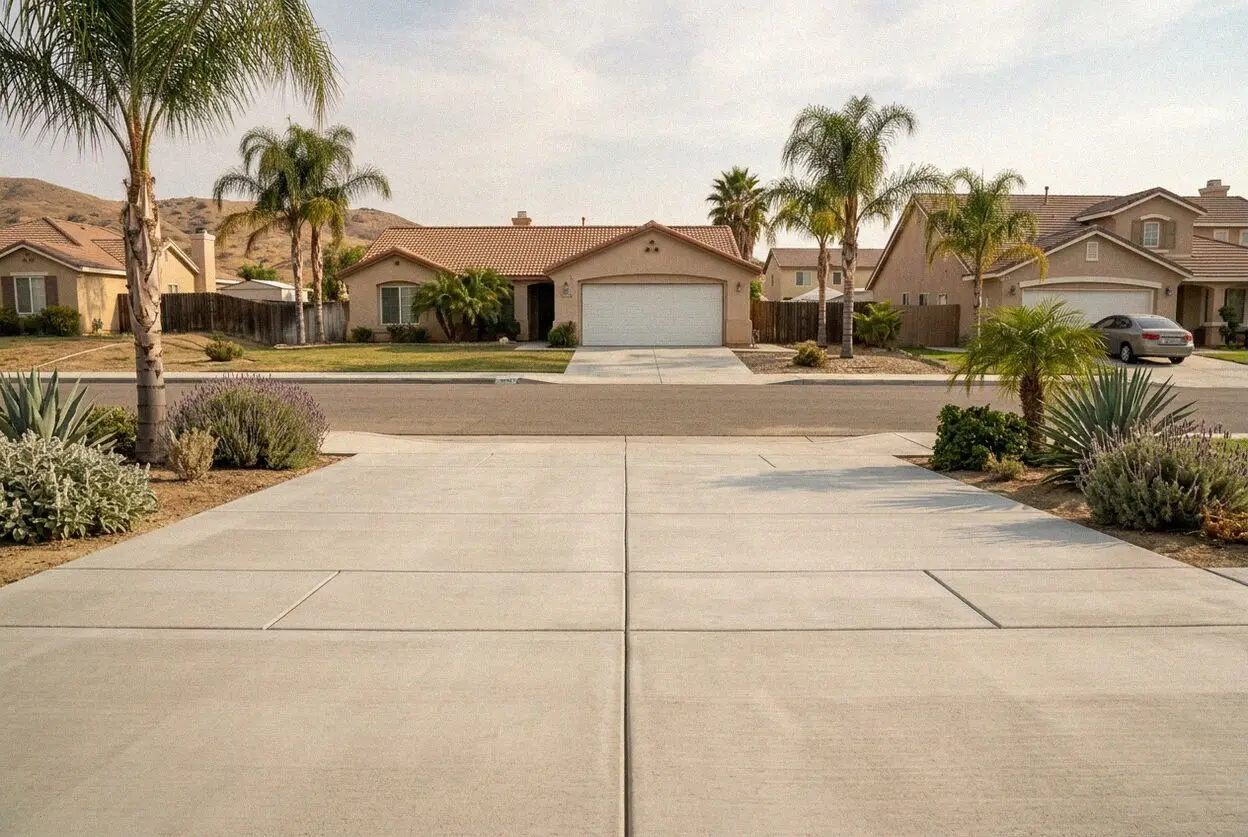 New concrete driveway at a 1980s tract home in Towngate, Moreno Valley