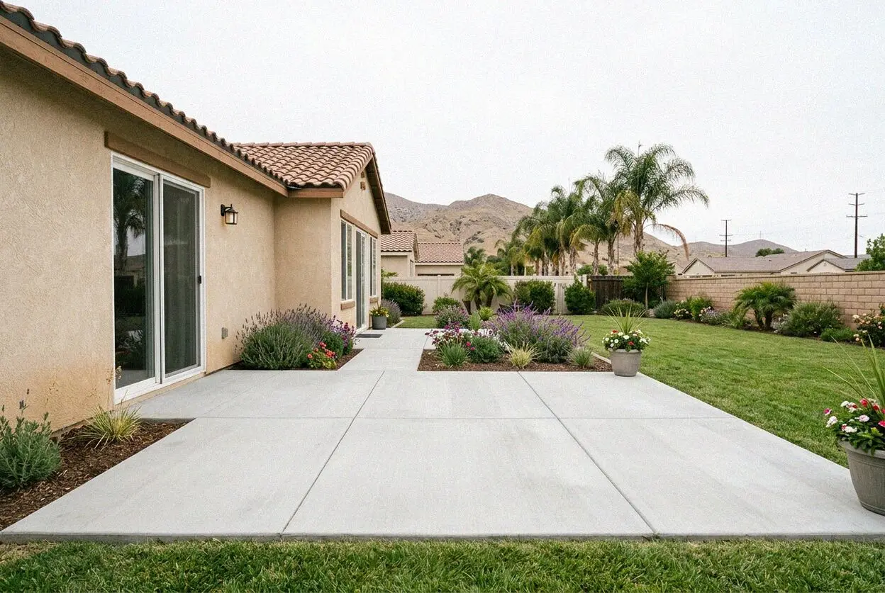Broom-finished concrete patio behind a Rancho Belago home in Moreno Valley