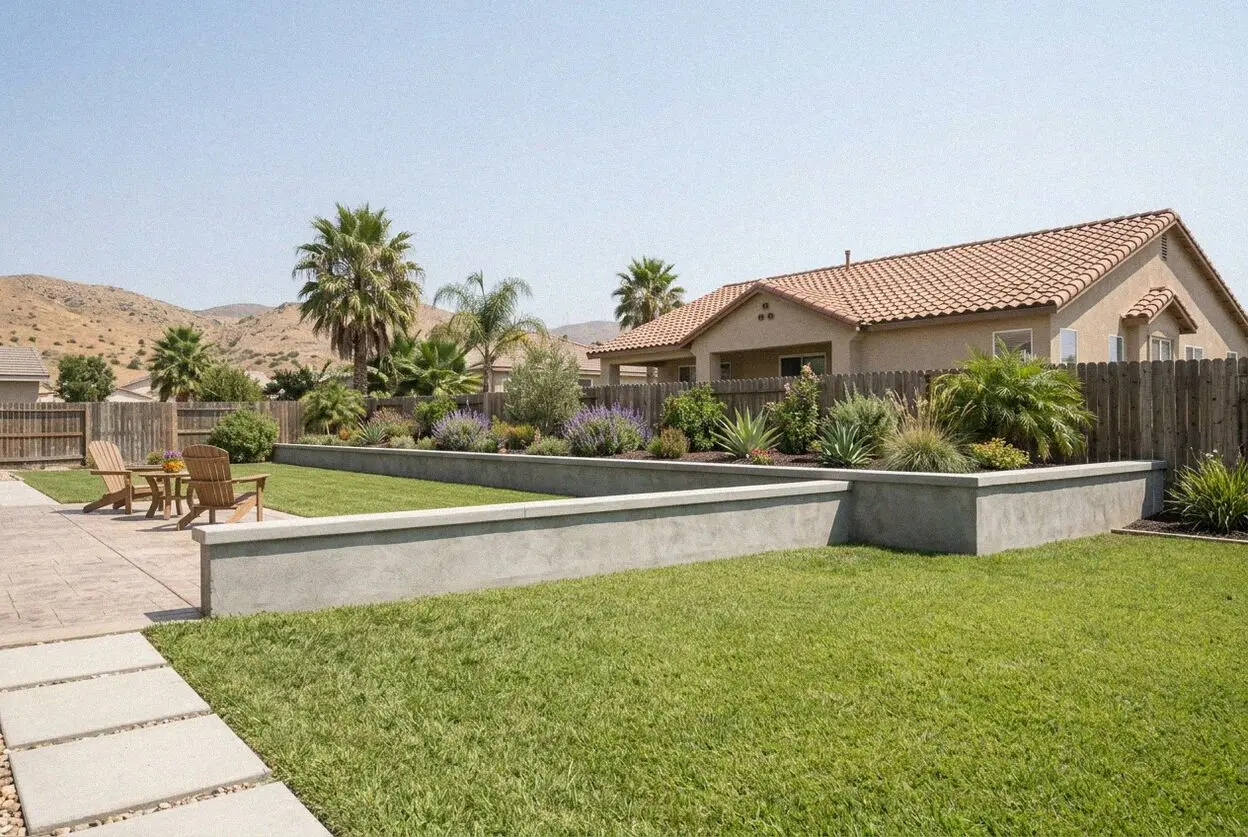 Poured concrete retaining wall on a graded lot near Moreno Beach Drive
