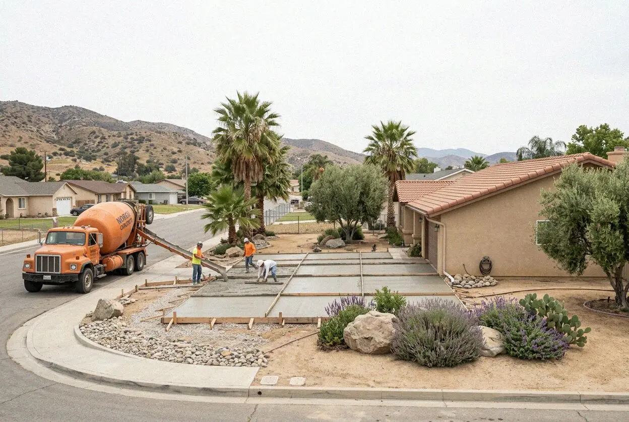 Pouring reinforced concrete for a horse trailer pad in Norco