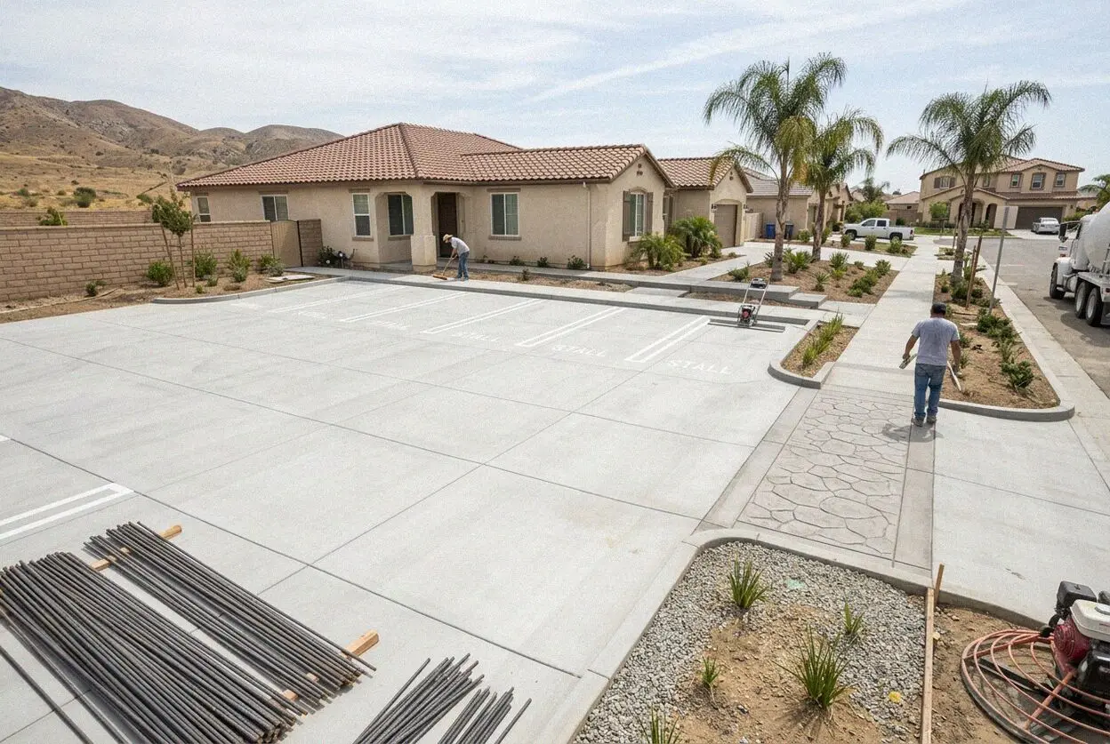 Pouring a reinforced commercial concrete parking lot in Moreno Valley