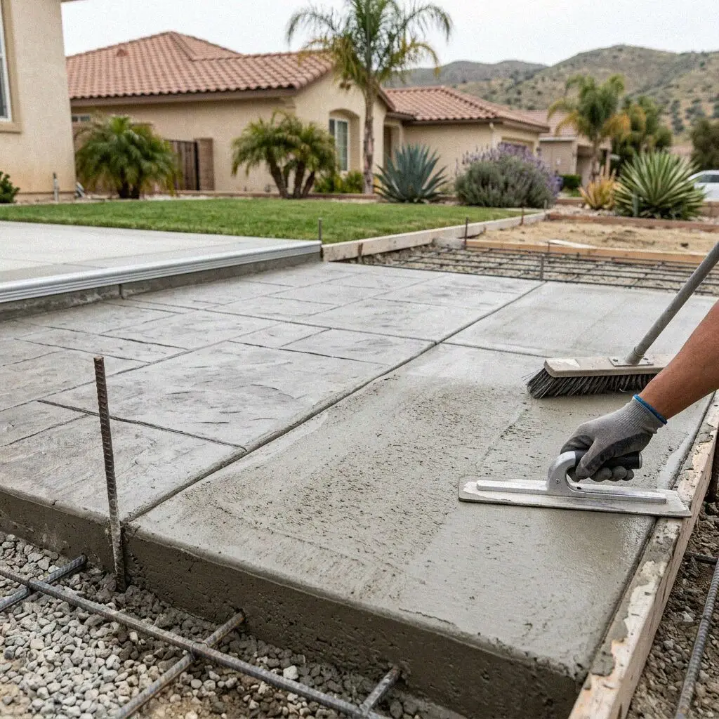 A freshly poured backyard patio slab cured in a Moreno Valley yard