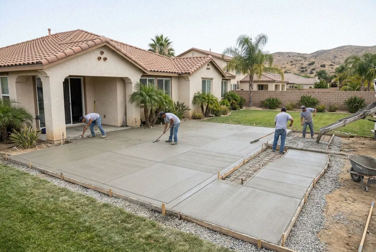 Workers screeding fresh patio concrete at a home in Moreno Valley