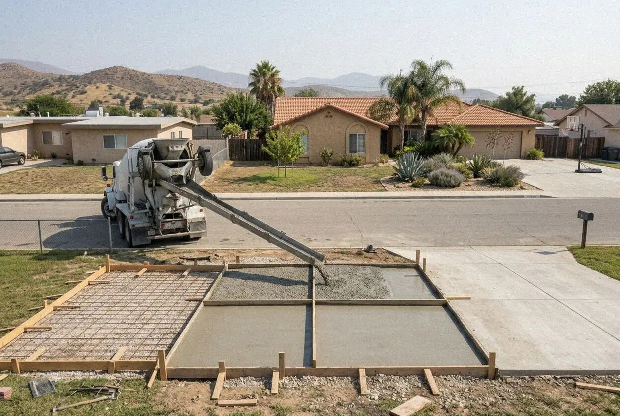 CSLB C-8 crew screeding fresh concrete for a Perris driveway