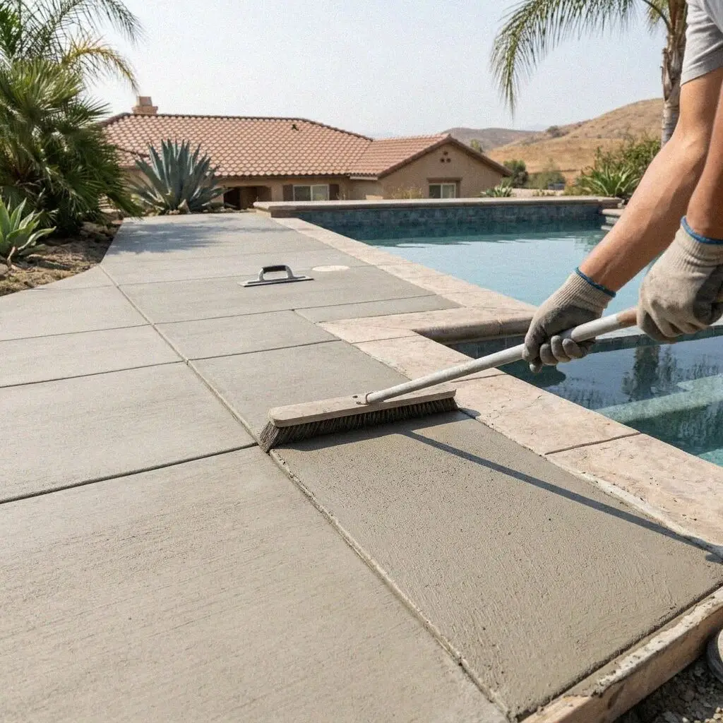 Completed cantilever concrete pool deck at a Moreno Valley residence.