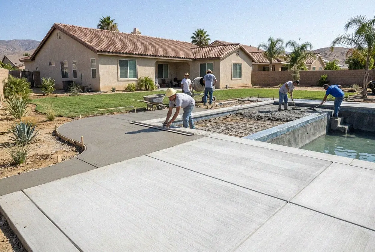 Pouring a concrete pool deck with expansion joints in Moreno Valley.