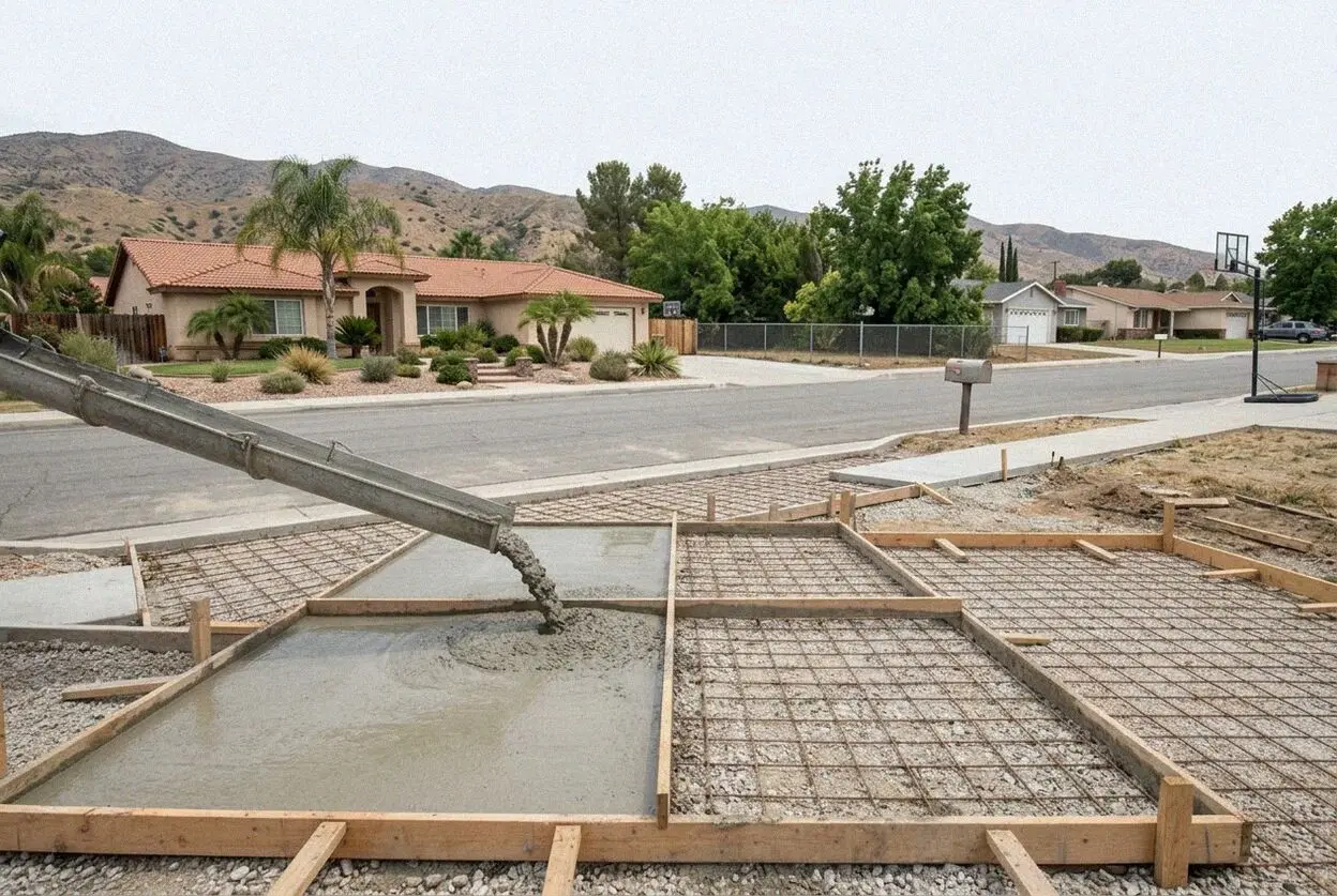 Pouring and finishing a new concrete patio slab in Redlands