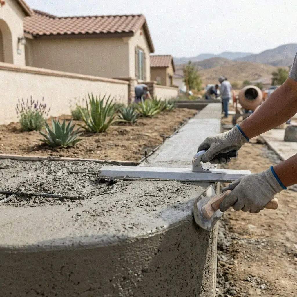 Finished concrete retaining wall supporting a tiered Moreno Valley yard