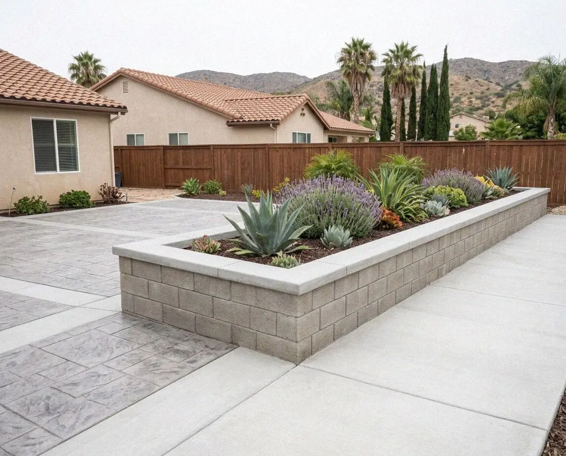 Concrete retaining wall on a residential hillside yard in Moreno Valley