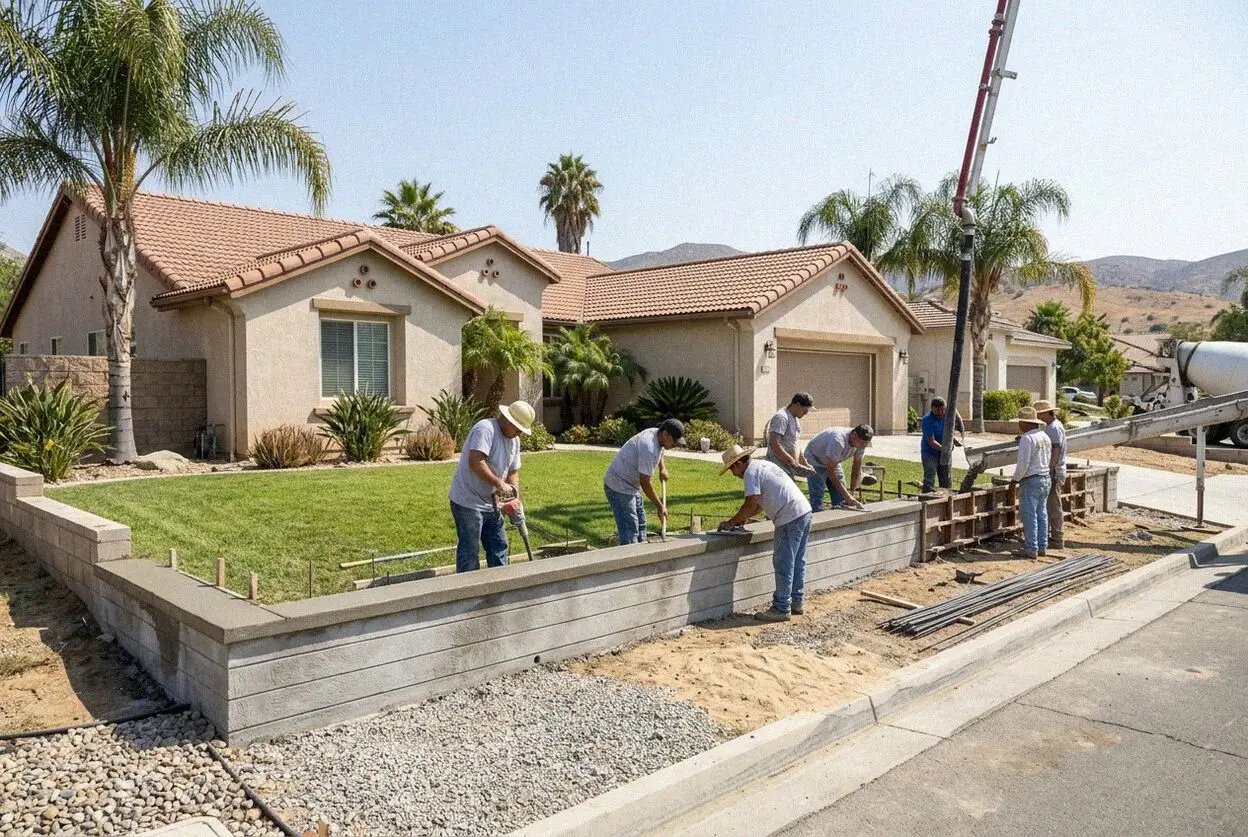 Pouring concrete into tall wall forms at a home in Moreno Valley