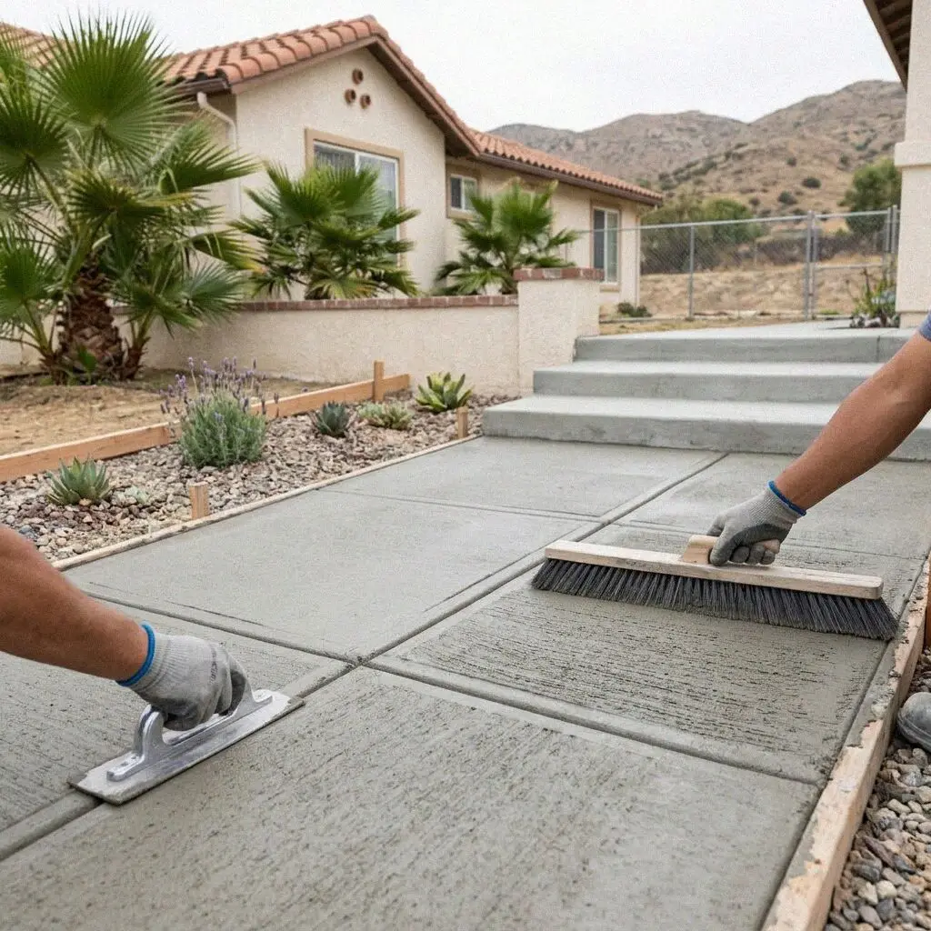 Finished concrete sidewalk and lawn border at a Moreno Valley home