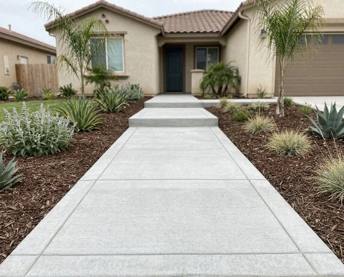 Fresh concrete sidewalk along a single family Moreno Valley home