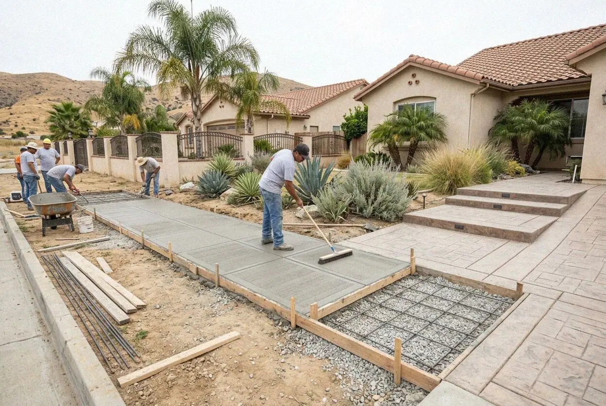 Pouring a concrete sidewalk with forms at a Moreno Valley property