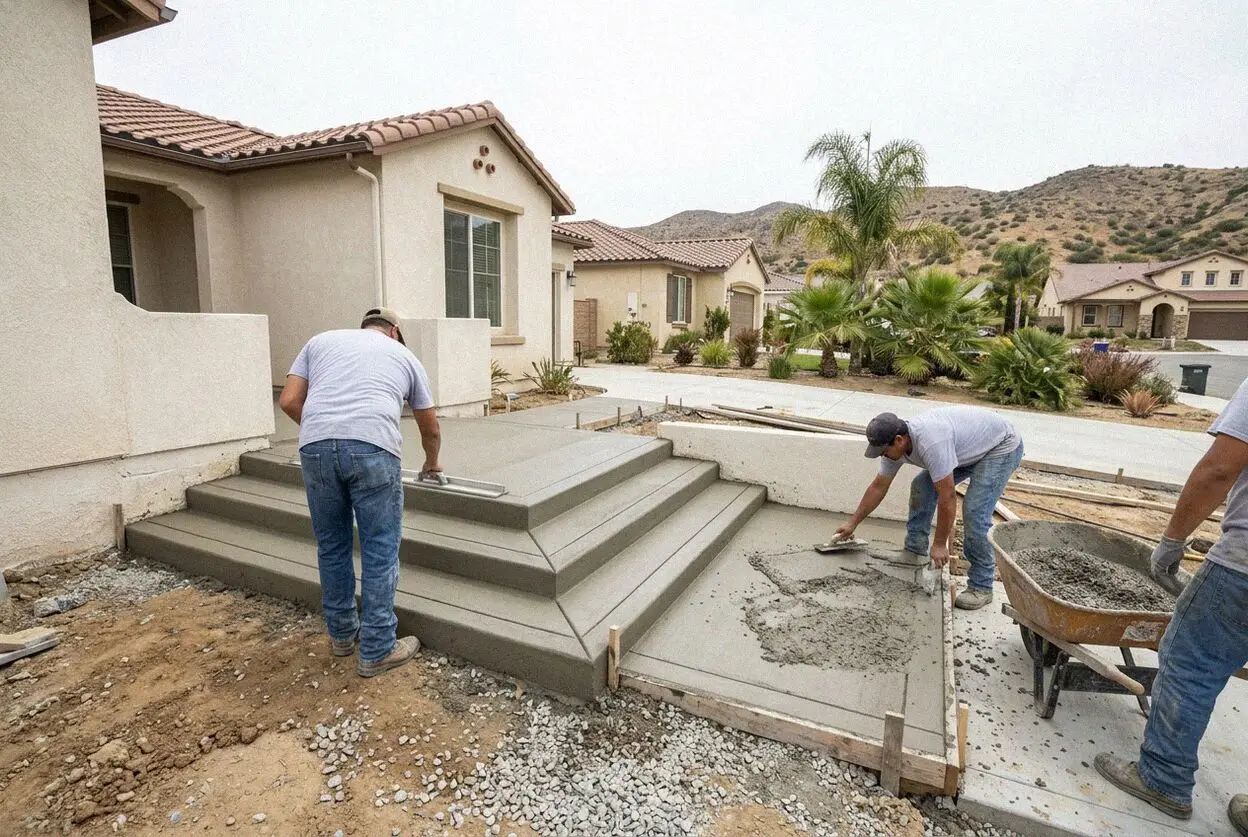 Pouring reinforced front concrete steps at a home in Moreno Valley