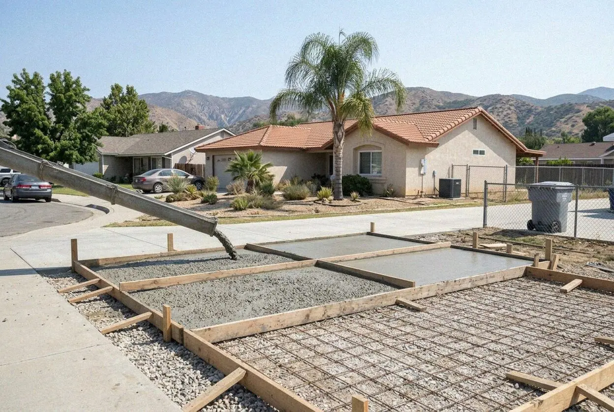 Pouring and leveling a reinforced concrete patio in Wildomar