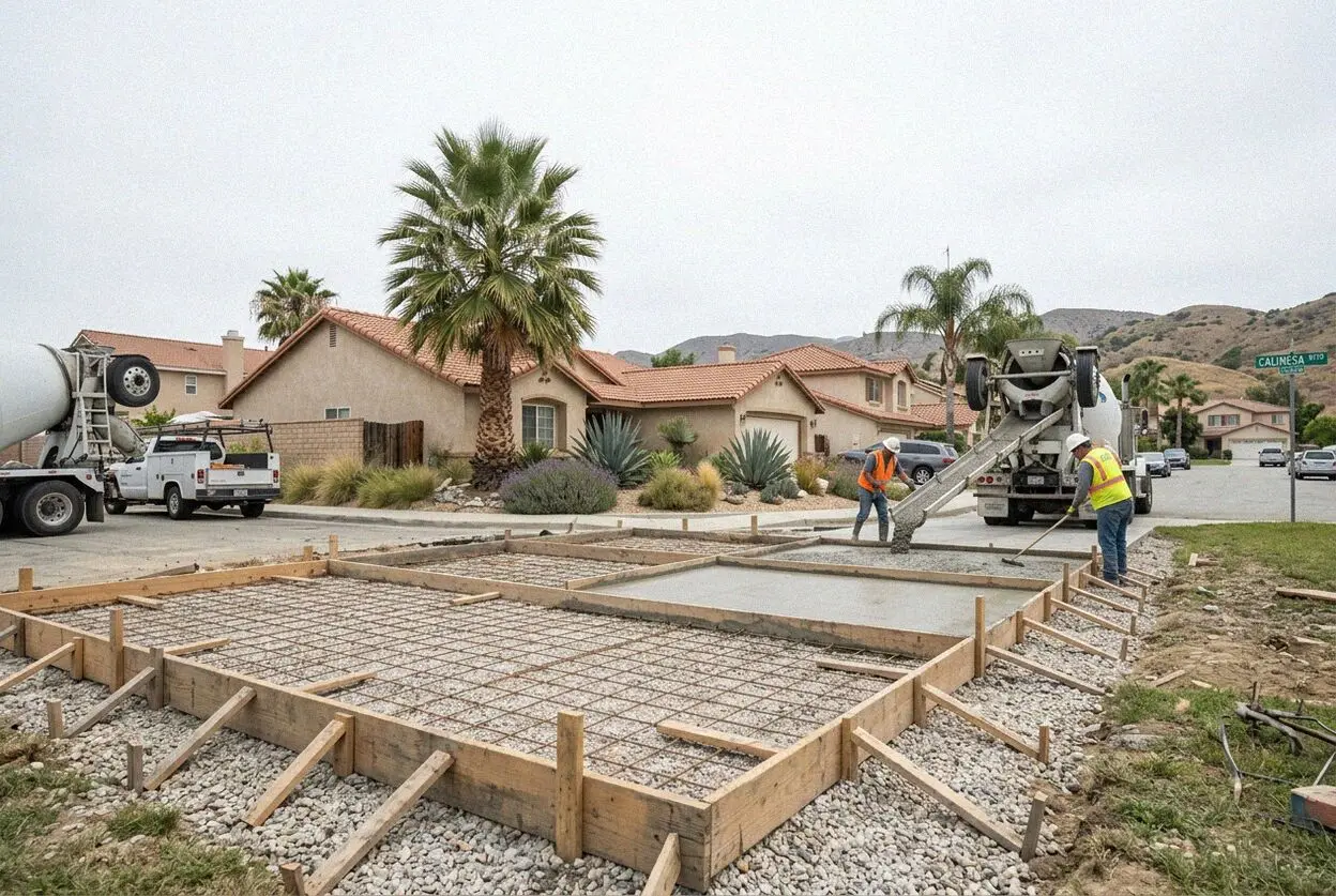 Pouring reinforced concrete footings on a Yucaipa home site