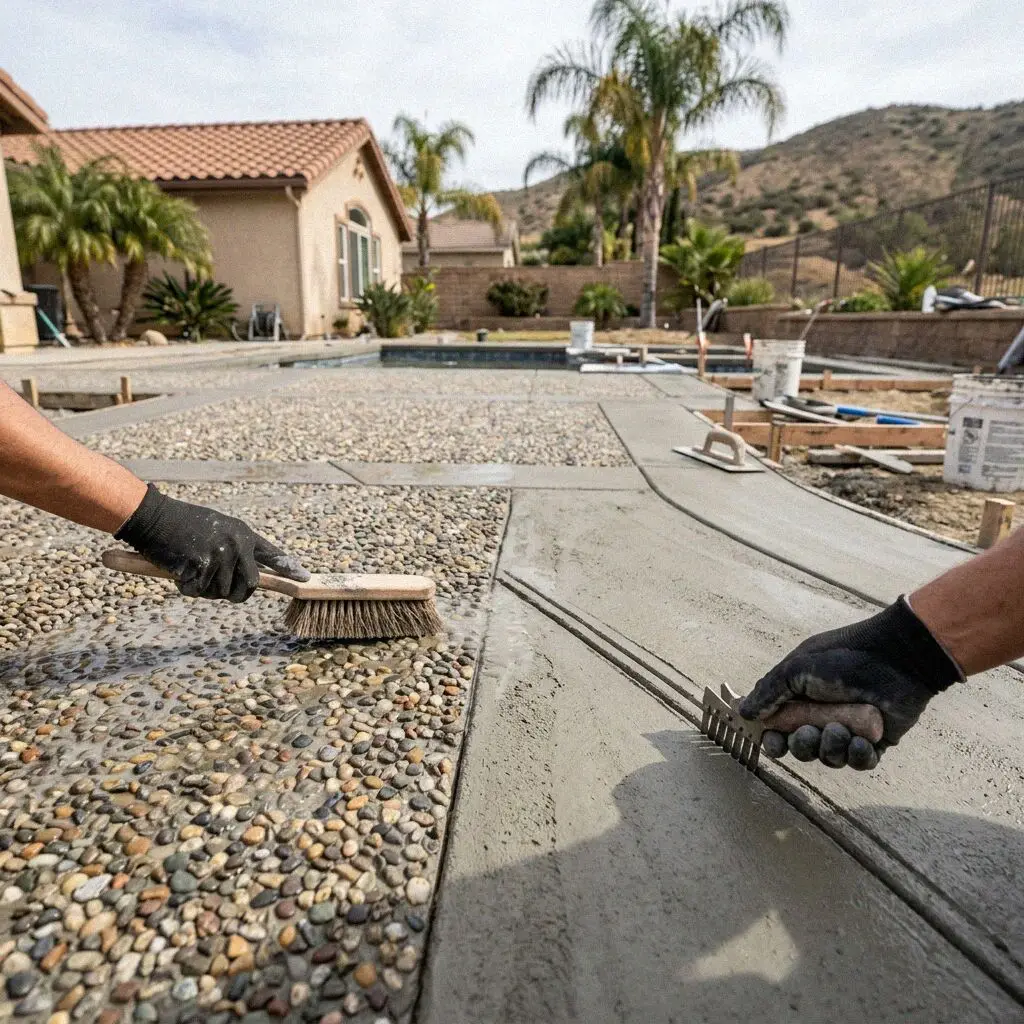 Finished decorative ashlar slate patio behind a Moreno Valley house