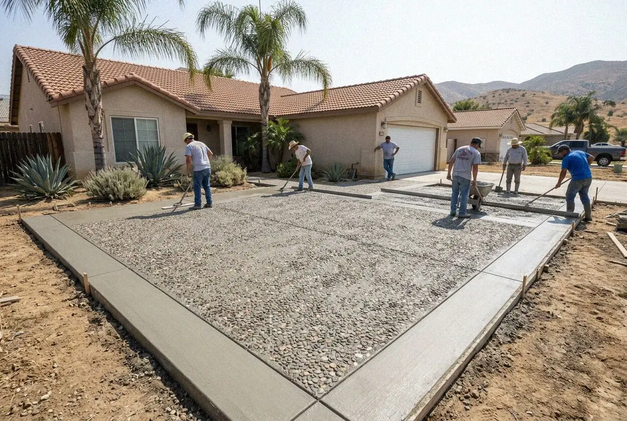 Pouring stamped decorative concrete flatwork at a Moreno Valley home