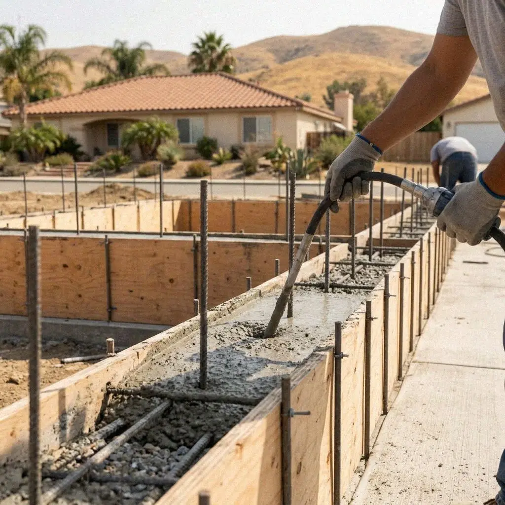 Poured concrete foundation slab curing on a Moreno Valley home site