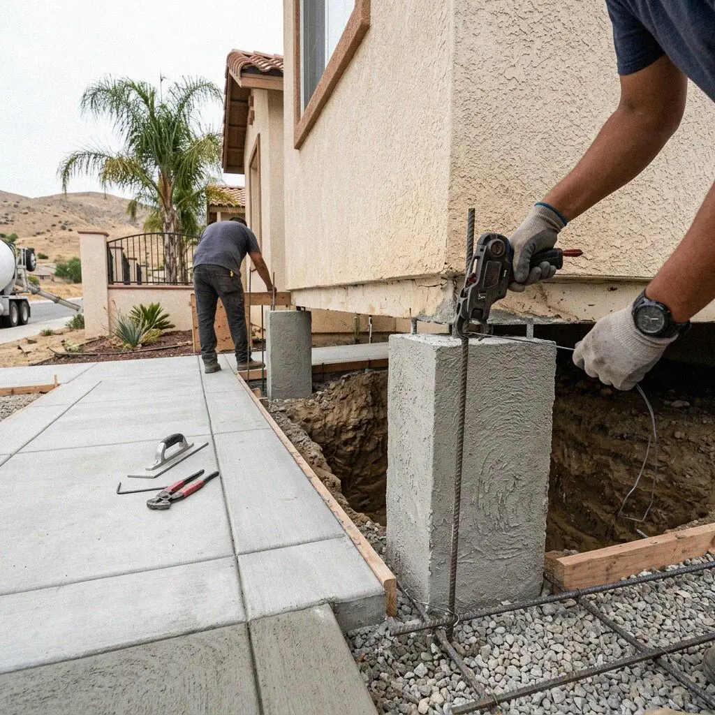 Hydraulic jacks raising a sunken residential slab in Moreno Valley