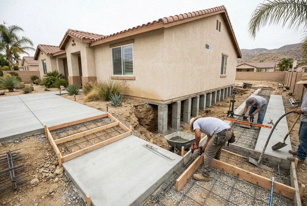 Foundation raising crew leveling a residential slab in Moreno Valley