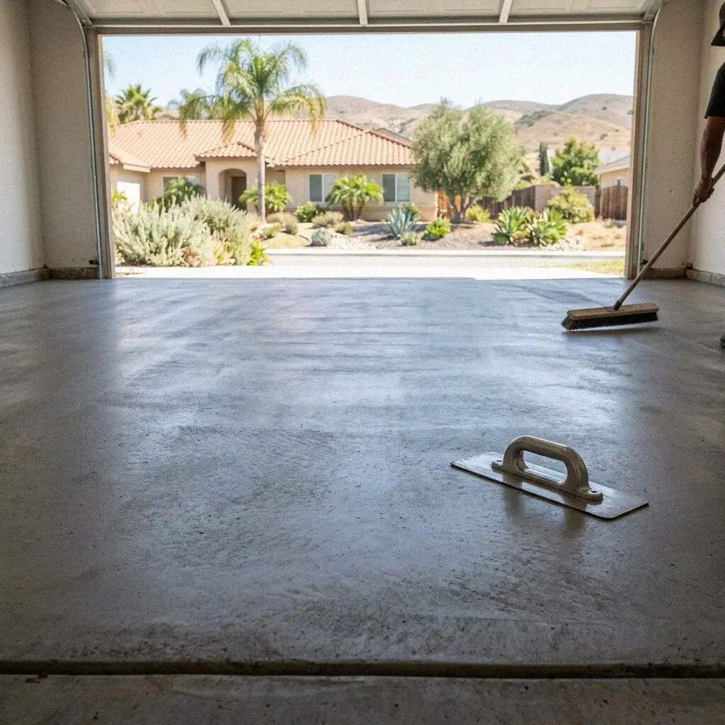 Finished smooth concrete garage floor in a Moreno Valley residence