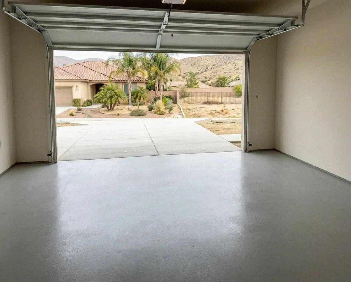 Troweled garage floor slab inside a single-family Moreno Valley home