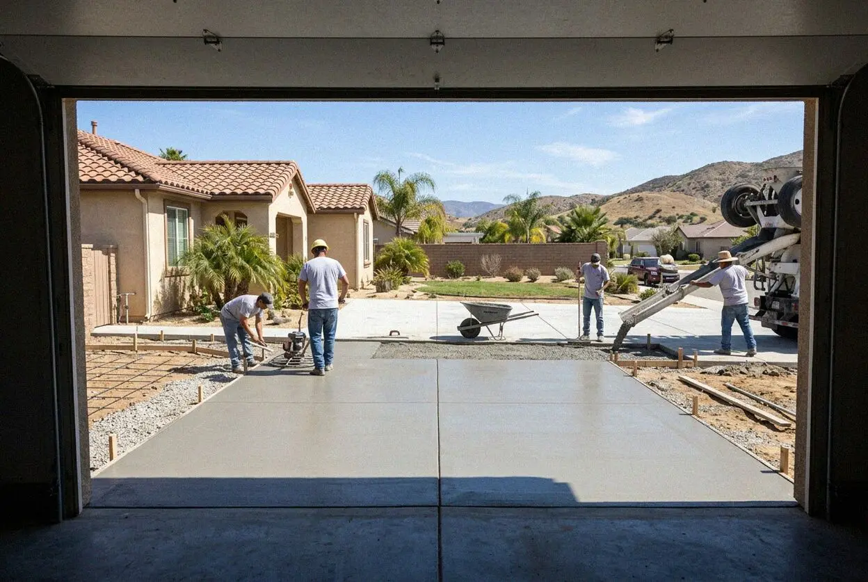 Crew screeding a level garage floor slab inside a Moreno Valley garage
