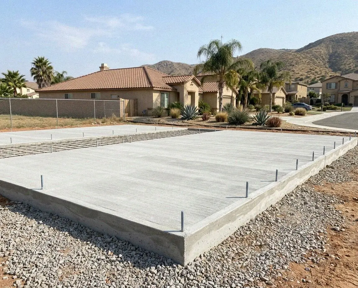 Reinforced concrete slab foundation formed at a Moreno Valley home