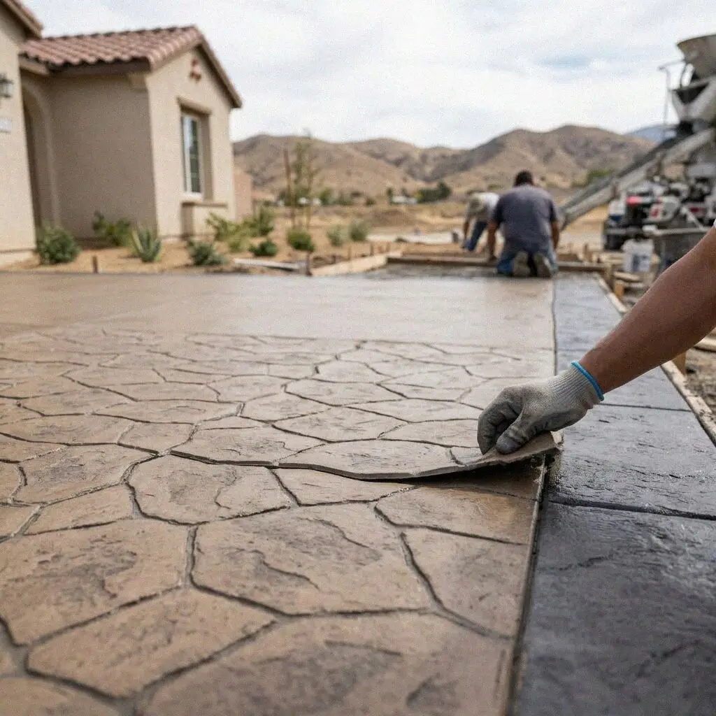 Curing textured concrete patio slab behind a Moreno Valley residence