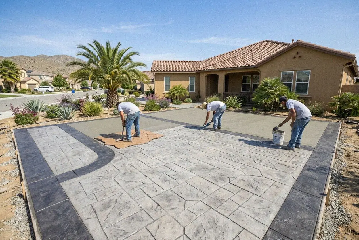 Stamping slate texture into fresh patio concrete in Moreno Valley
